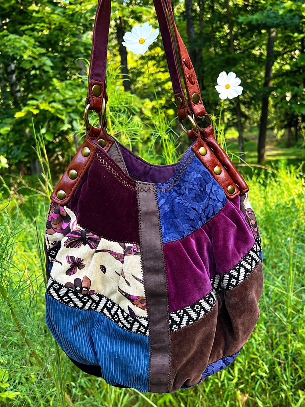 Vintage Lucky Brand Patchwork Hobo Shoulder Bag Italian Leather Boho